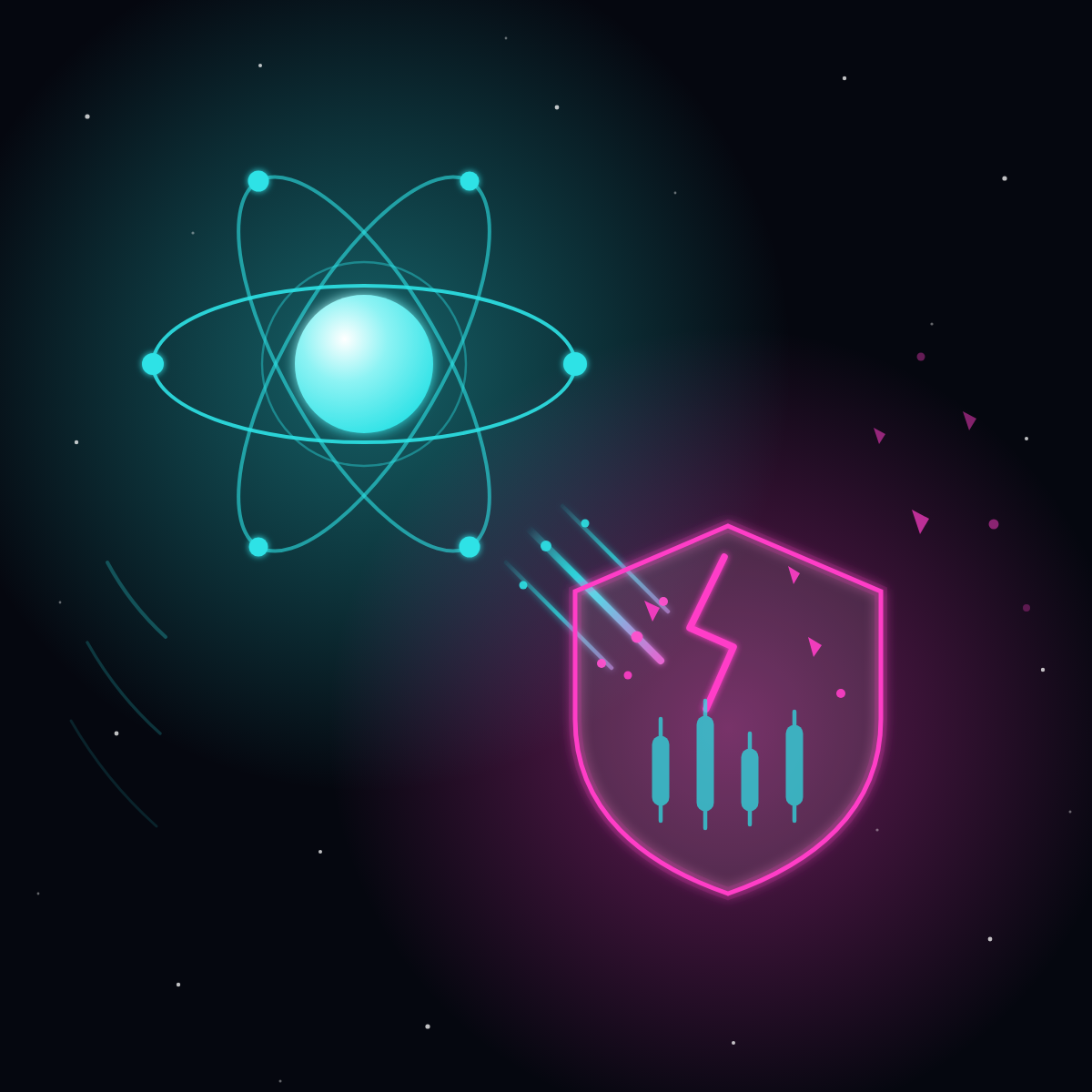 Leuchtender Quantenkern mit kreisenden Qubit-Bahnen richtet einen gebündelten Energiestrahl auf ein aufbrechendes Schutzschild, in dem die Kursbalken einer Kryptobörse liegen.